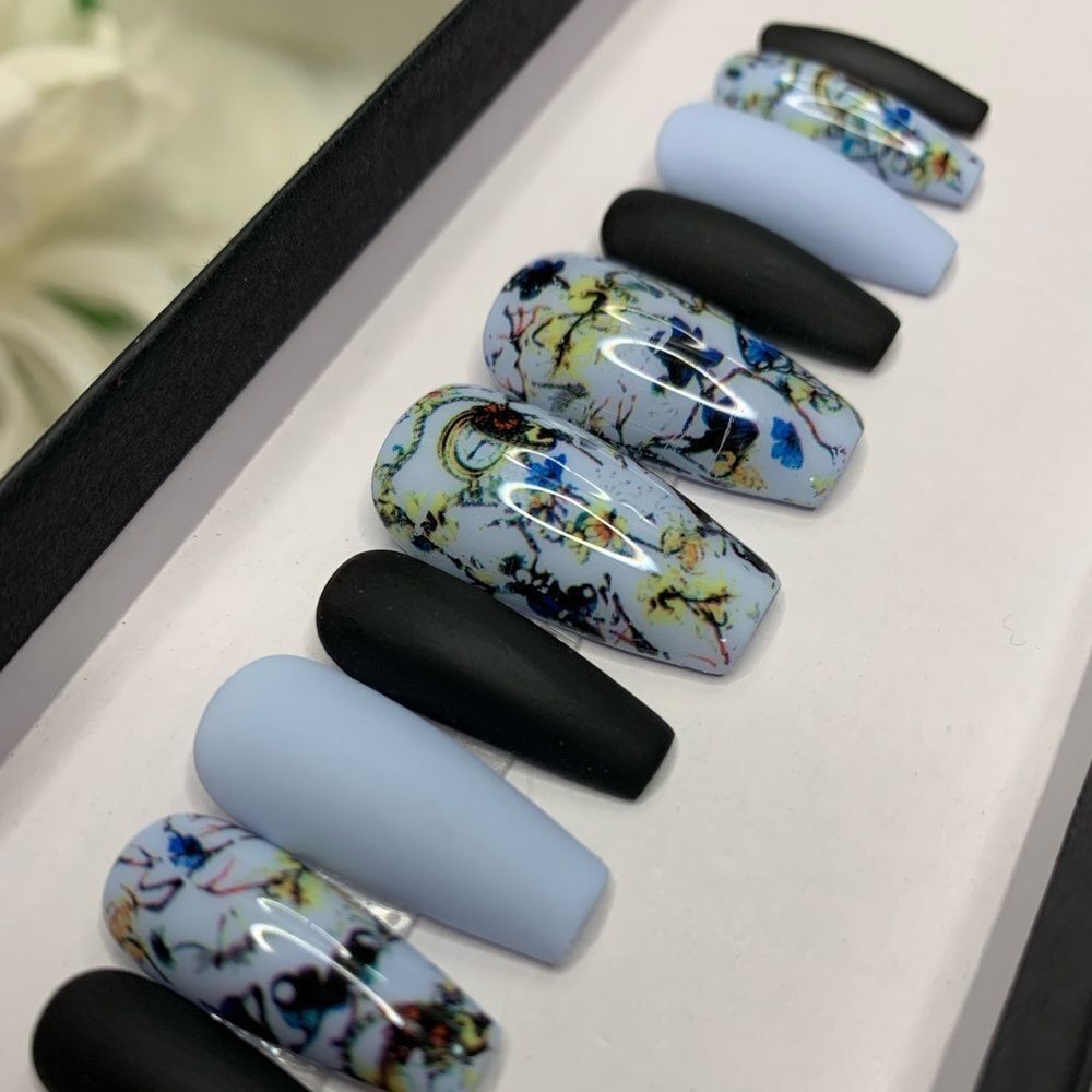 Matte Blue Floral Press On Nails | Handmade Press On Nails | Fake Nails - Picture 3 of 10